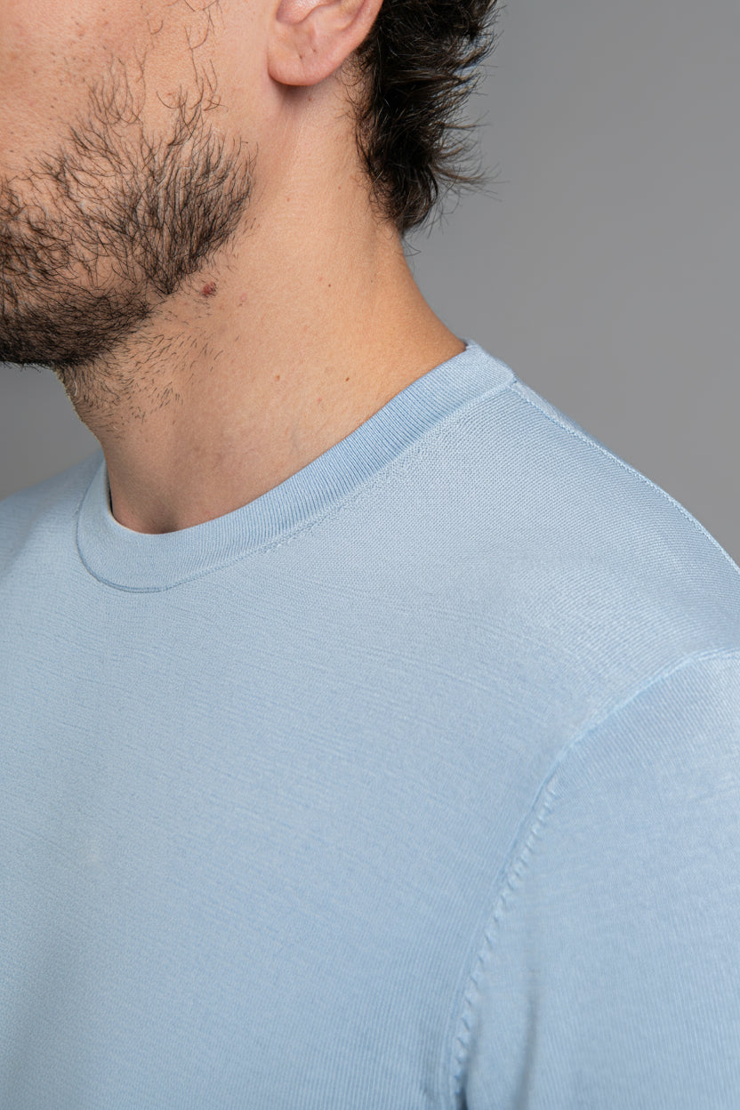 Crew Neck - Knitted Cotton/Silk T- Shirt - Light Blue