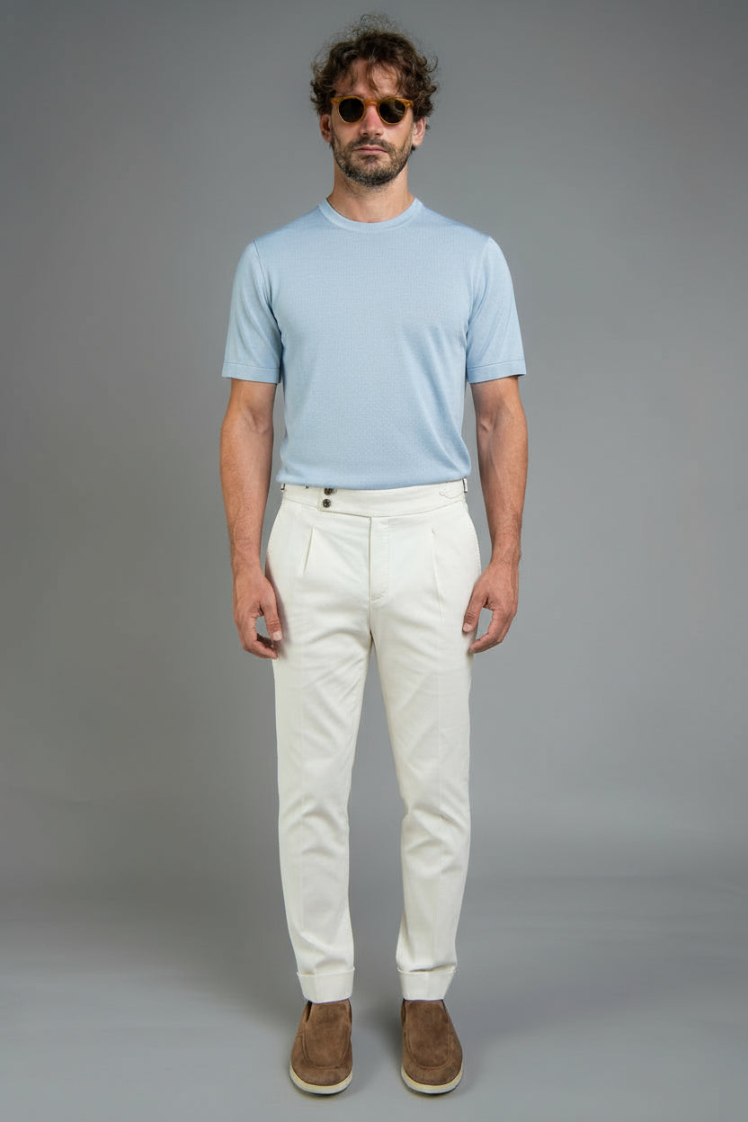 Crew Neck - Knitted Cotton/Silk T- Shirt - Light Blue