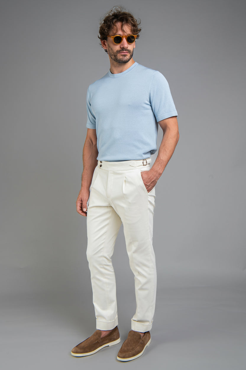 Crew Neck - Knitted Cotton/Silk T- Shirt - Light Blue