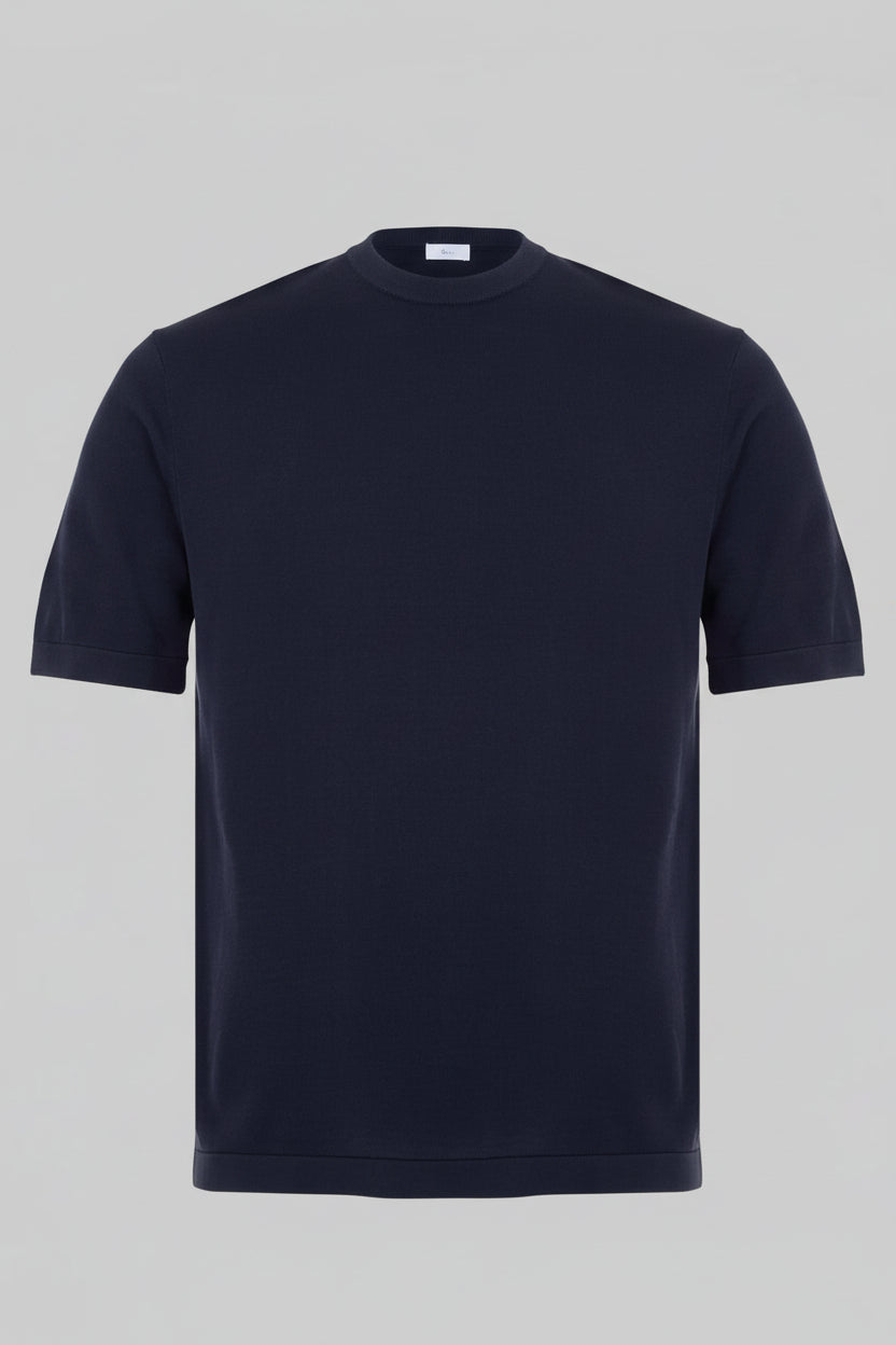 Navy blue t-shirt on a light gray background